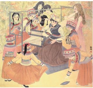 作者：杨艳鸿 作品名称：《傈僳织布图》—工笔画 作品尺寸：200cm×190cm 创作时间：2017 年